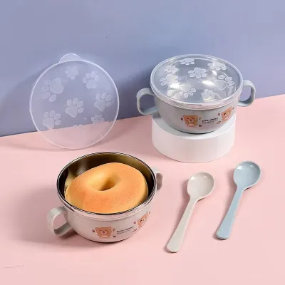 Stainless Steel Cartoon Bowl with Handles and Spoon